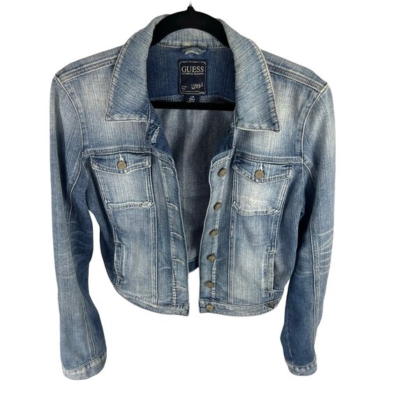 Guess Denim Trucker Jacket Faded Blue Light Wash Size L Women's Large - Picture 3 of 16